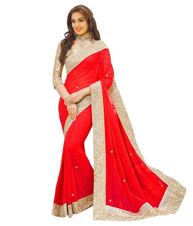 female fashion lace border red saree