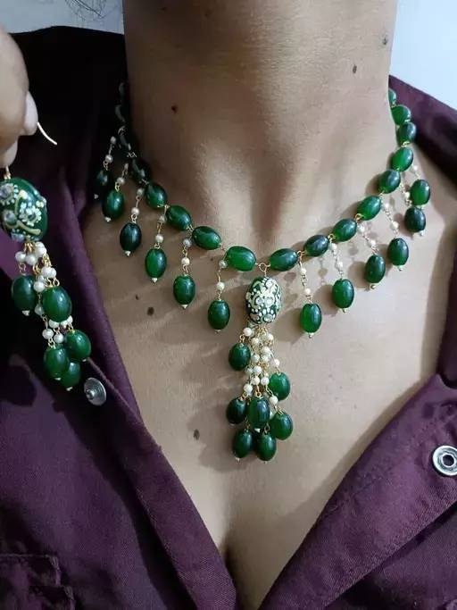 Gold plated brass pearls necklace with earrings