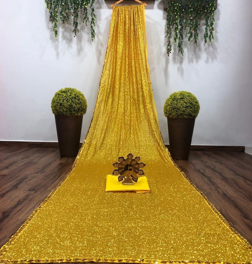Golden georgette heavy sequence work party wear saree