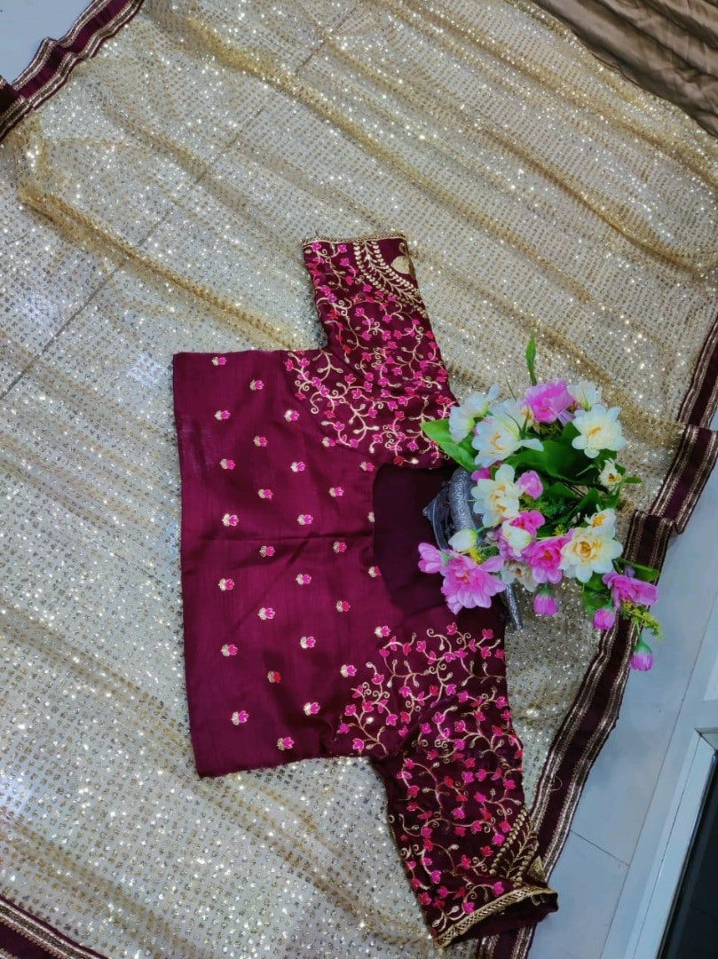 Golden heavy nylon butterfly net sequence zari work ceremonial saree