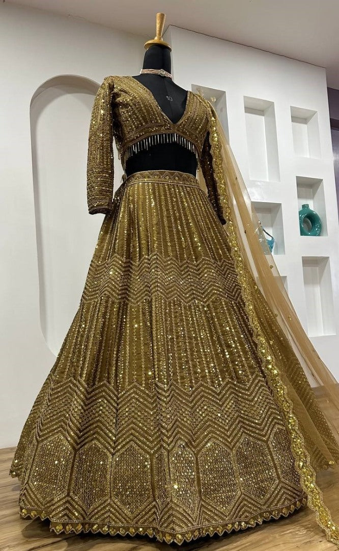 Golden heavy work designer wedding lehenga choli
