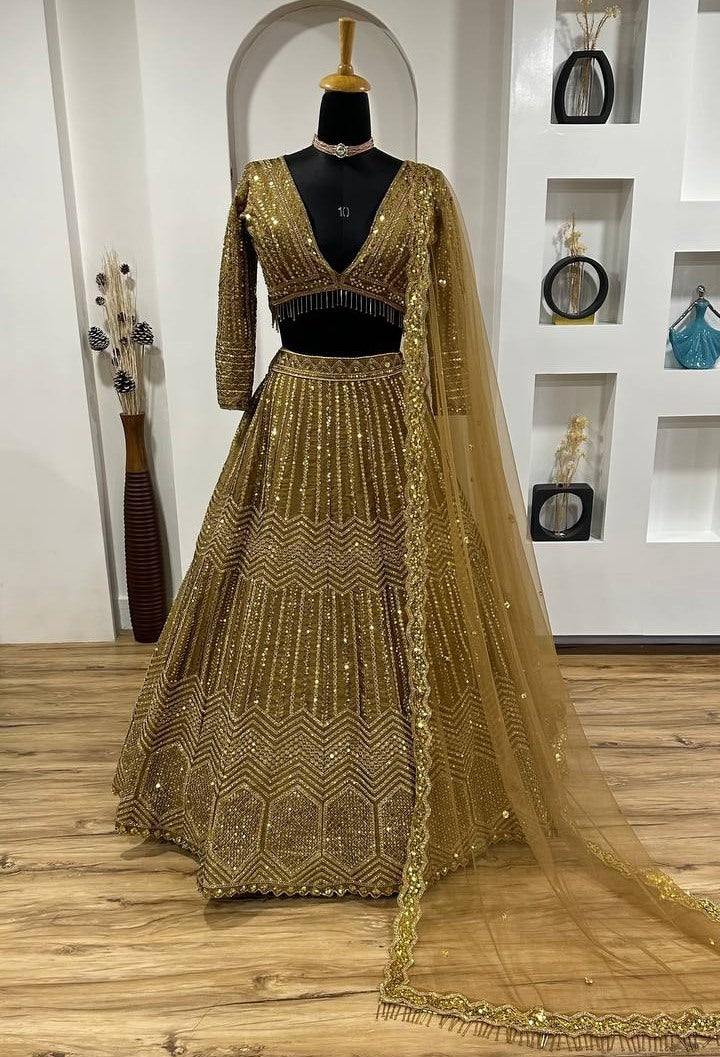 Golden heavy work designer wedding lehenga choli