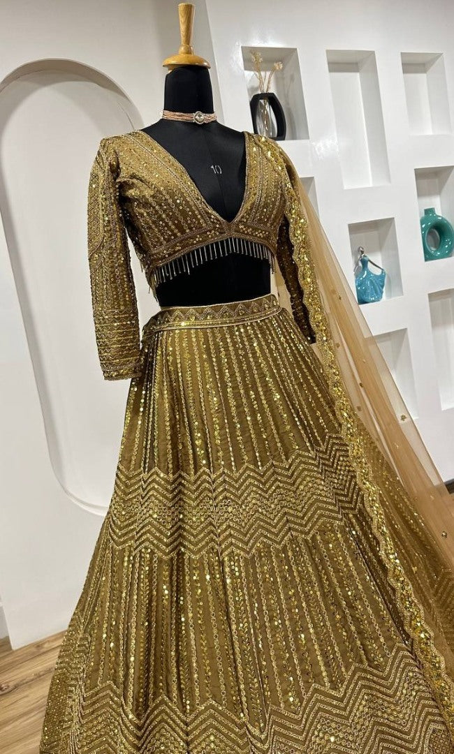 Golden heavy work designer wedding lehenga choli
