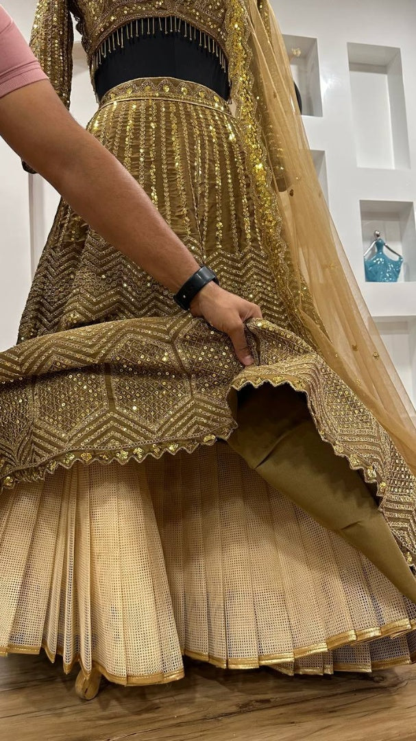 Golden heavy work designer wedding lehenga choli