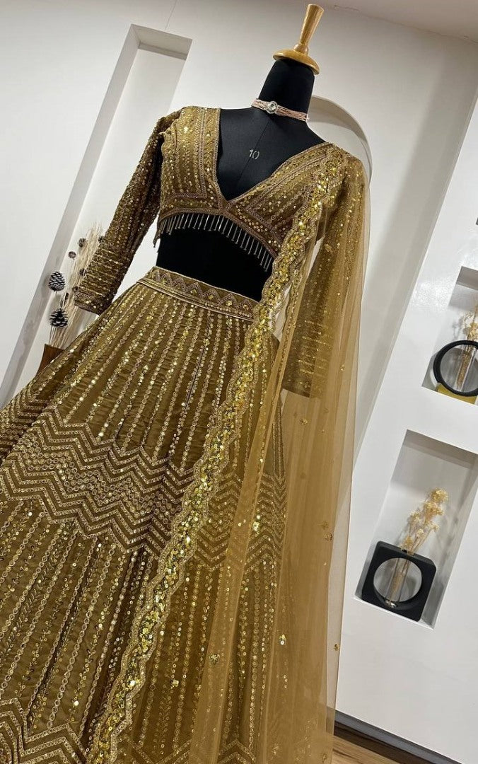 Golden heavy work designer wedding lehenga choli