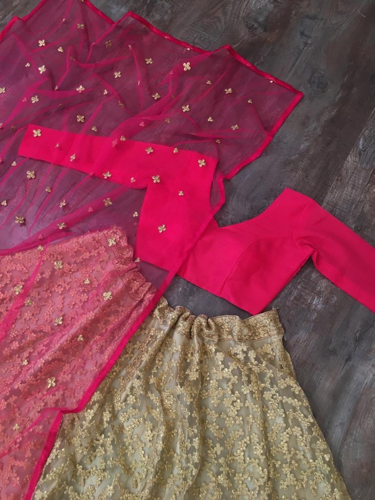 Golden net embroidered work lehenga ceremonial lehenga choli