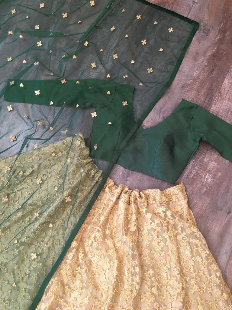 Golden net embroidered work lehenga ceremonial lehenga choli