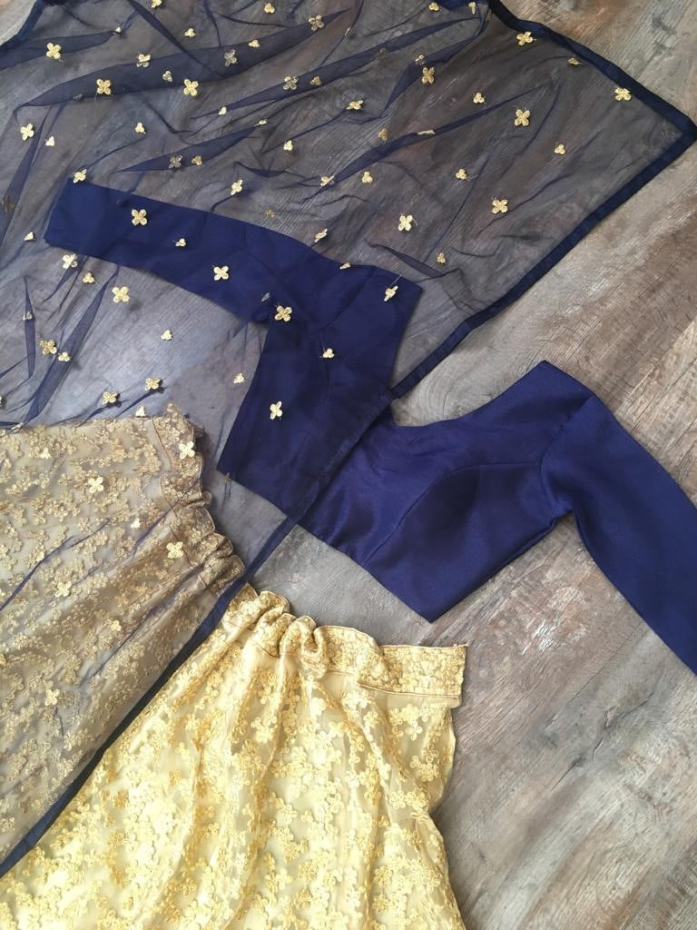 Golden net embroidered work lehenga ceremonial lehenga choli