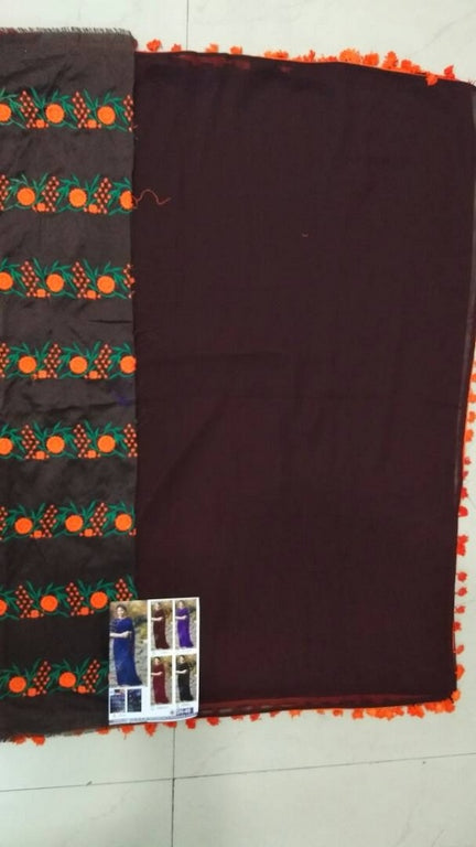 Gorgeous coffee partywear saree with embroidered blouse design