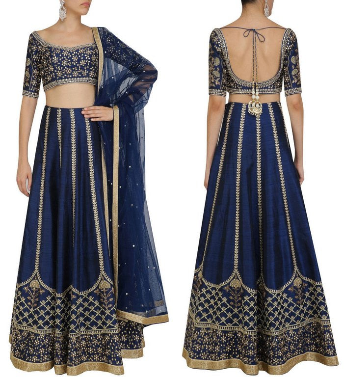 Gorgeous gold floral embroidered blue ceremonial lehenga