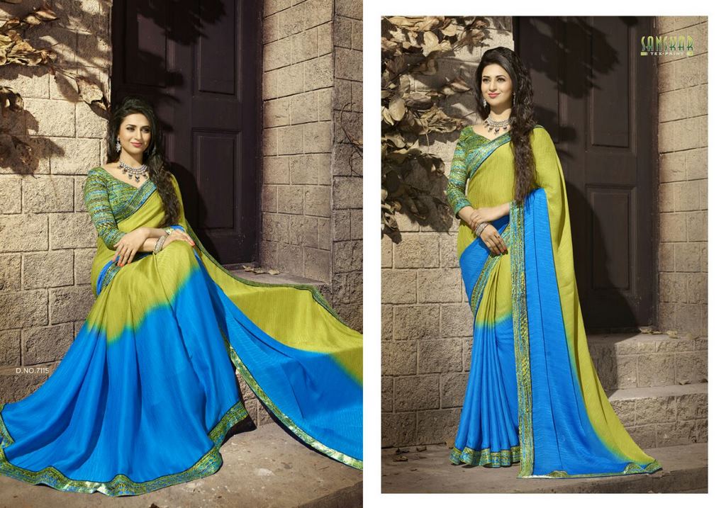 Gorgeous work wear blue and green printed saree