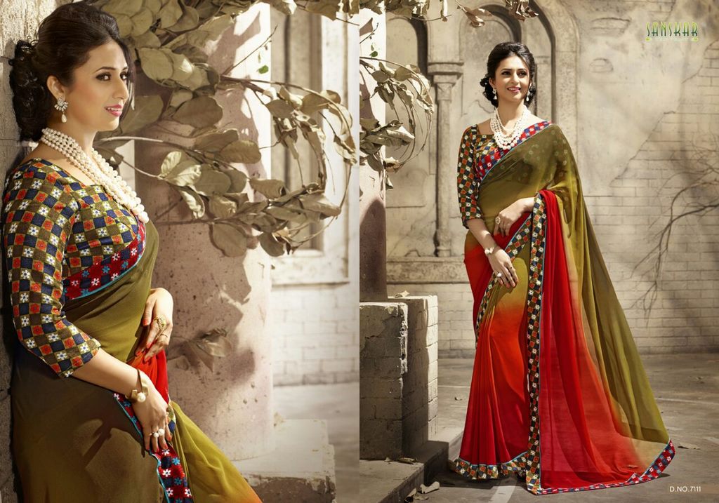 Gorgeous work wear green and red printed saree