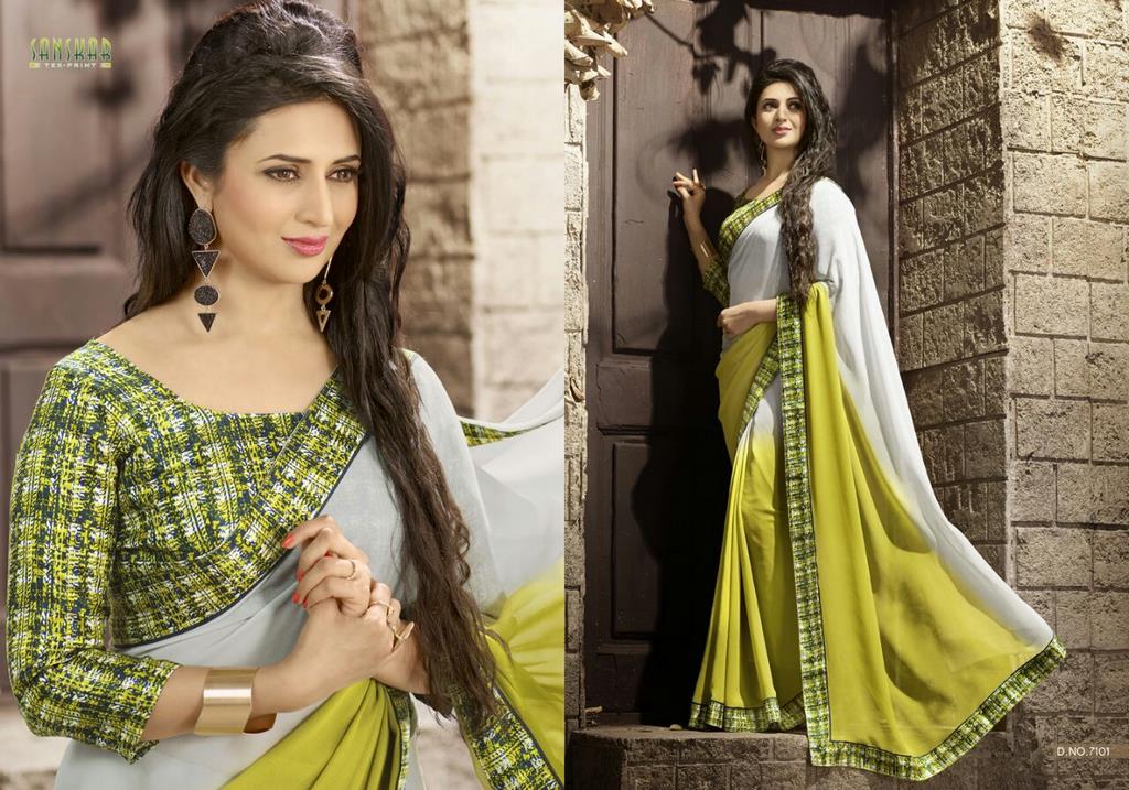 Gorgeous work wear green and white printed saree
