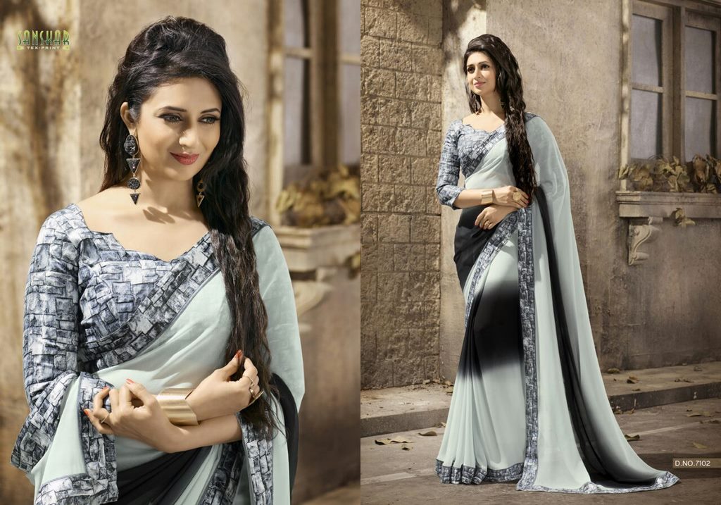 Gorgeous work wear grey printed saree