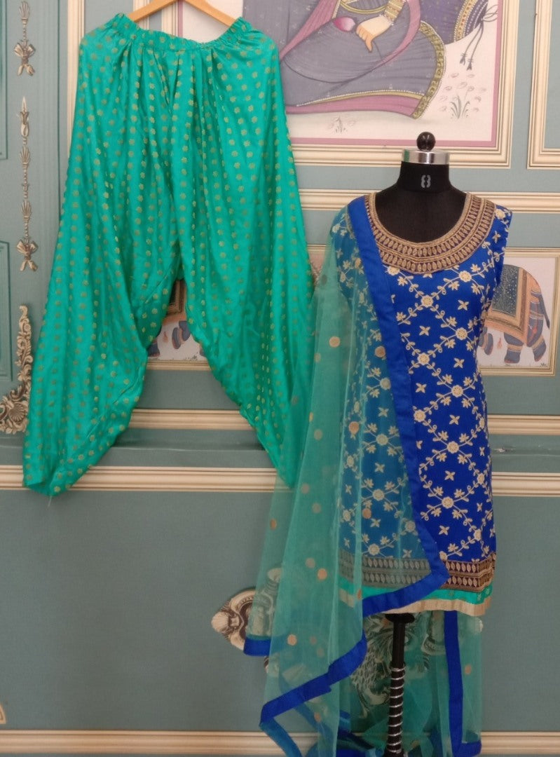 Green and blue poly rayon patiala suit