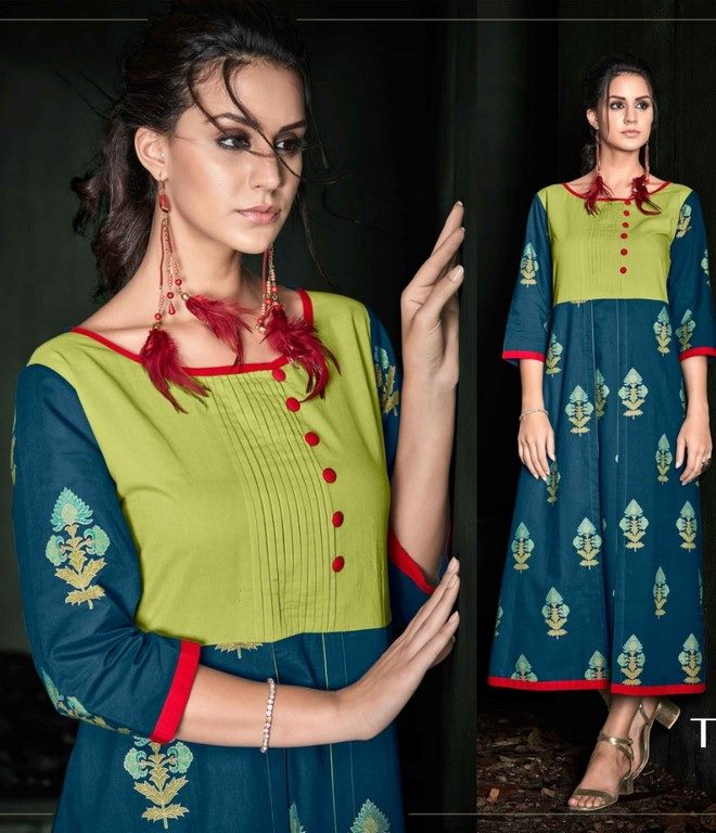 Green & Teal Colored Rayon Printed & Button Work Simple Straight Stitched Kurti