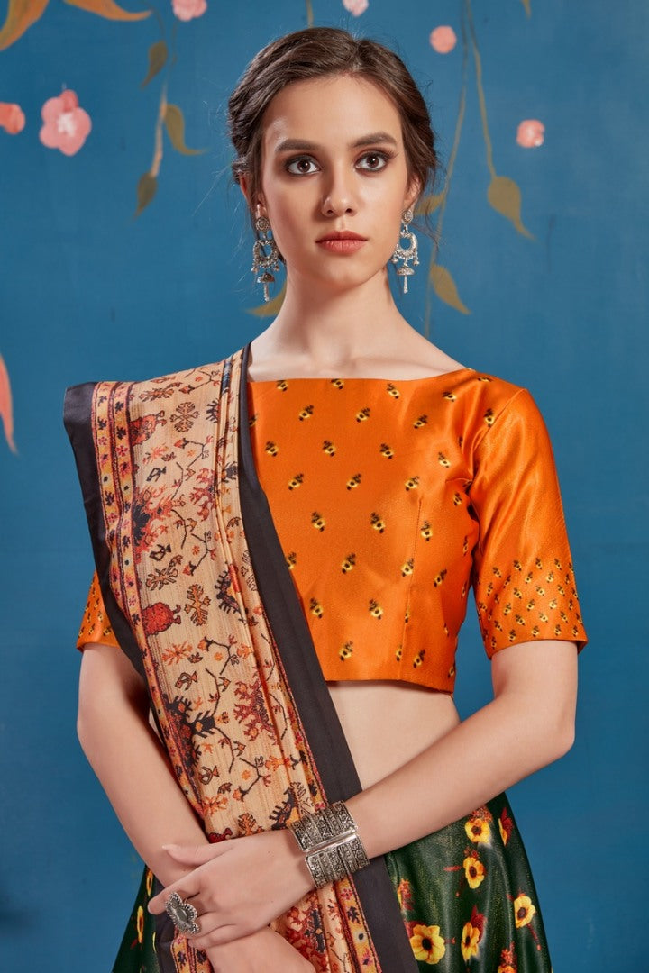 Green art silk digital printed lehenga choli