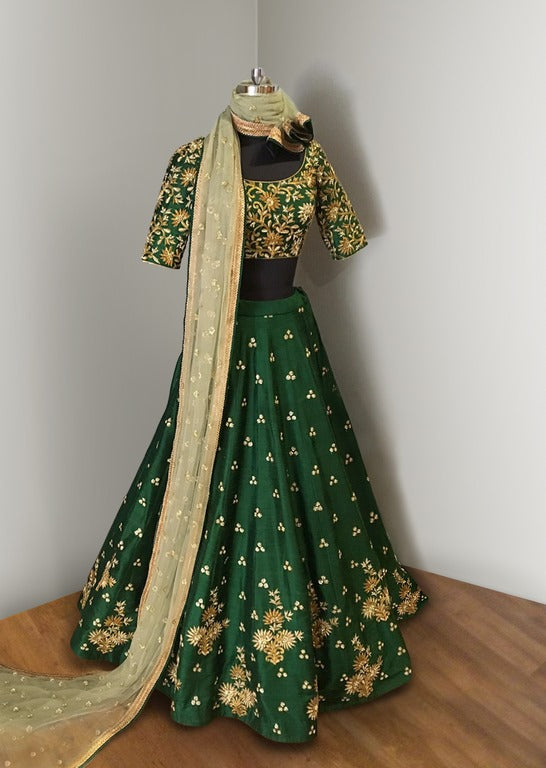 Green art silk embroidered wedding lehenga