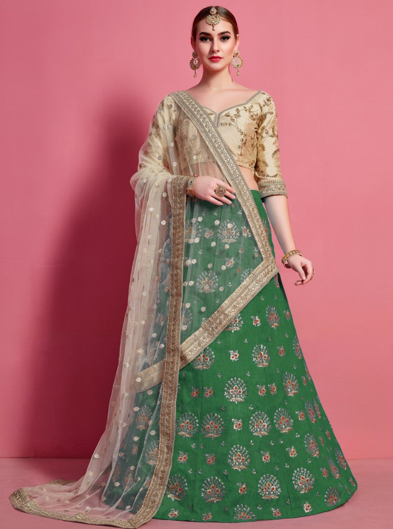 Green art silk embroidered work party wear lehenga choli