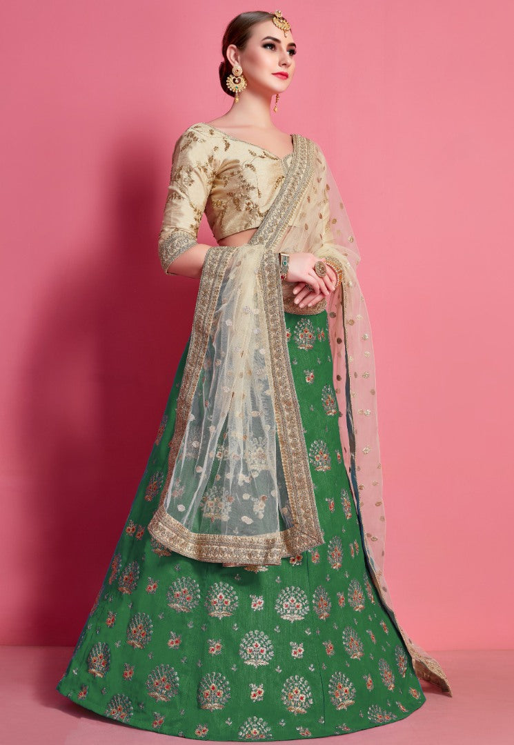 Green art silk embroidered work party wear lehenga choli