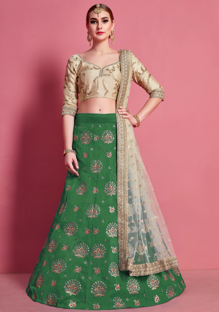 Green art silk embroidered work party wear lehenga choli
