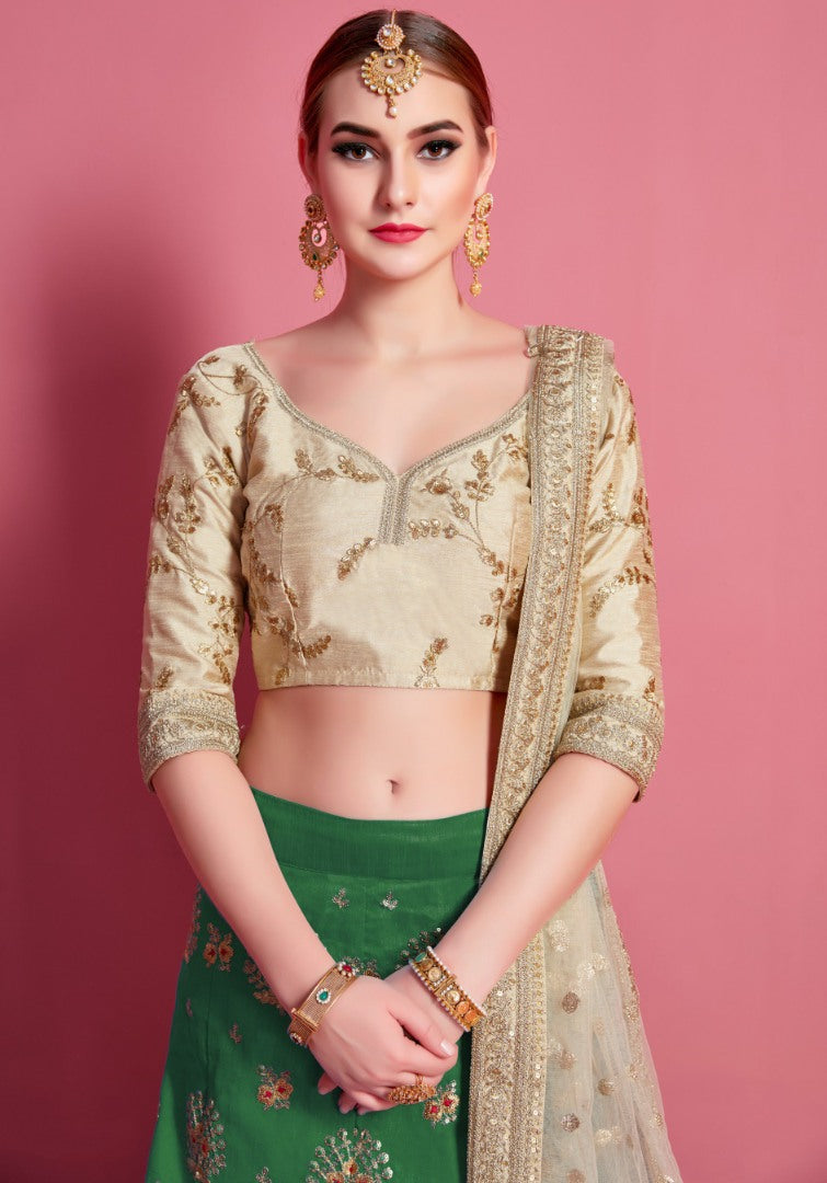Green art silk embroidered work party wear lehenga choli
