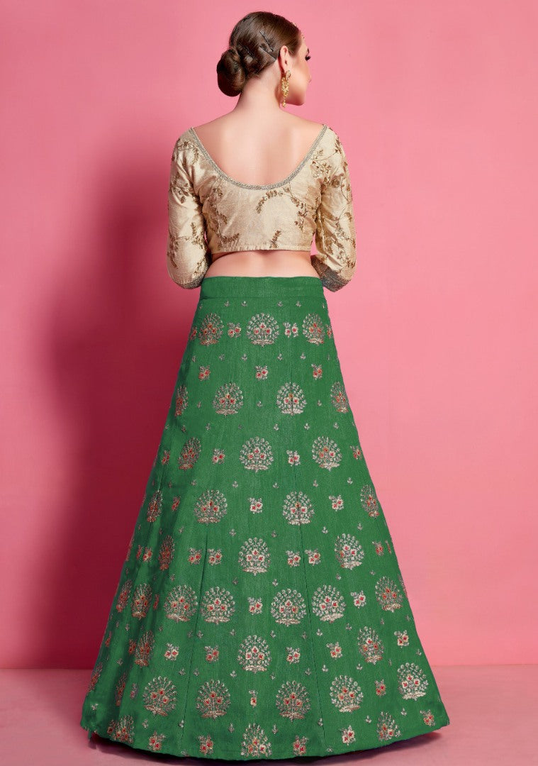 Green art silk embroidered work party wear lehenga choli