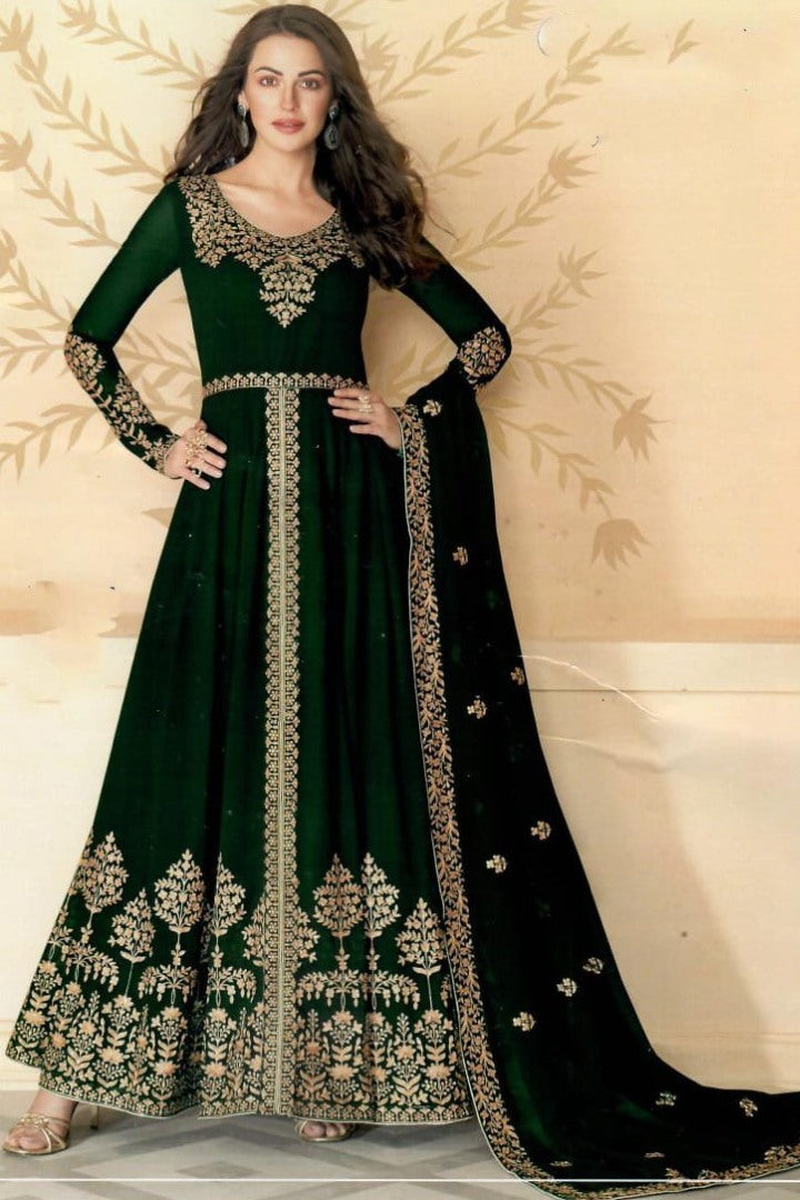 Green bluming georgette chain stich embroidered anarkali gown