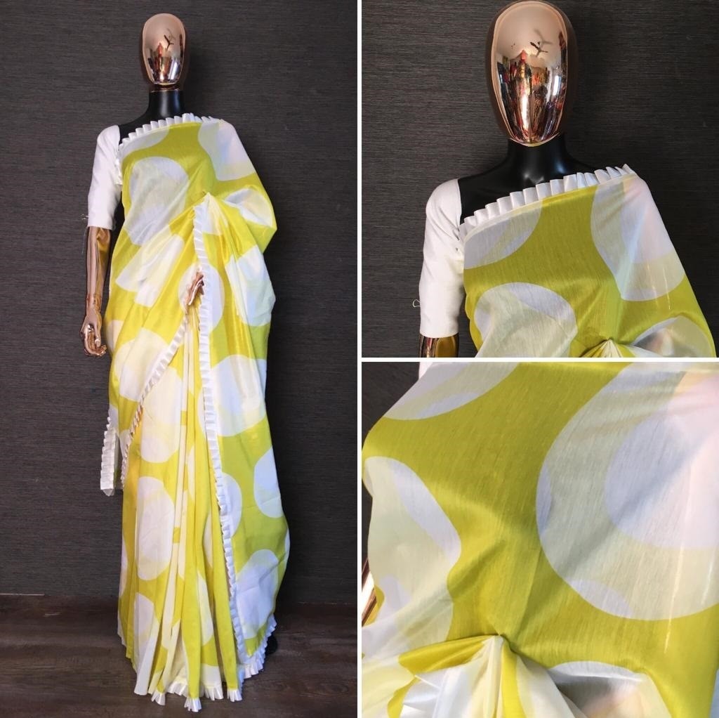 Green chanderi cotton frill border digital printed saree