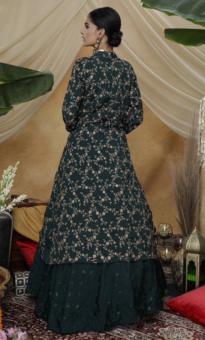 Green chinon sequence embroidered lehenga choli with koti