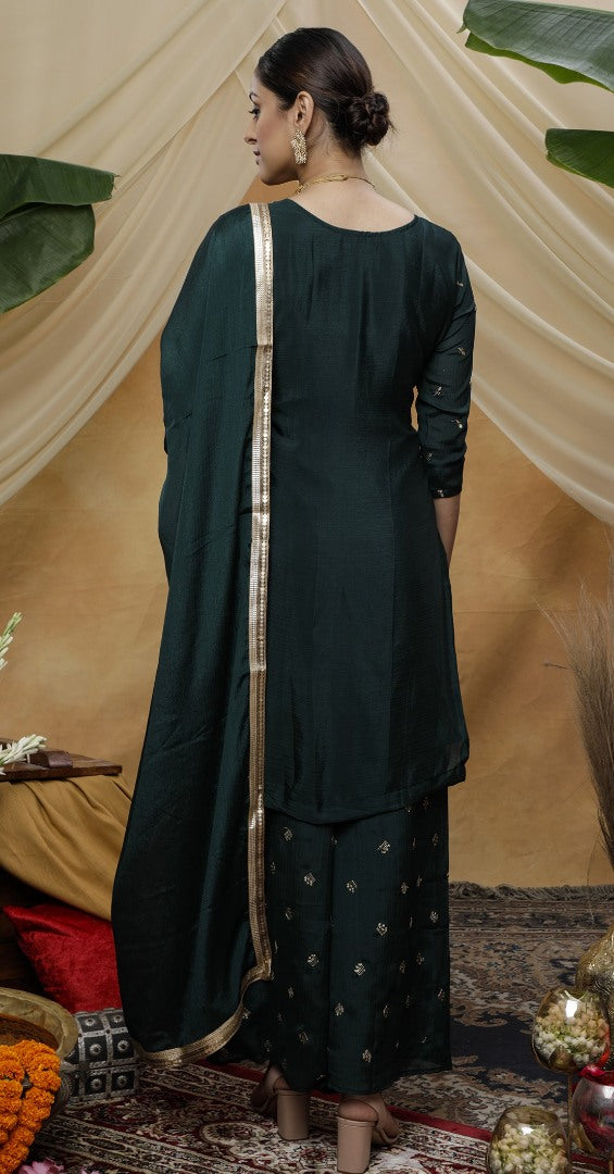Green chinon sequence embroidered party wear plazzo suit