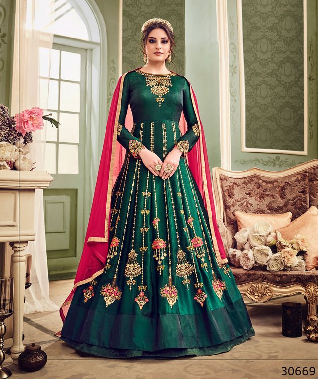 Green Colored Art Silk Resham & Jari Embroidery With Stone Work Semi Stitched anarkali suit