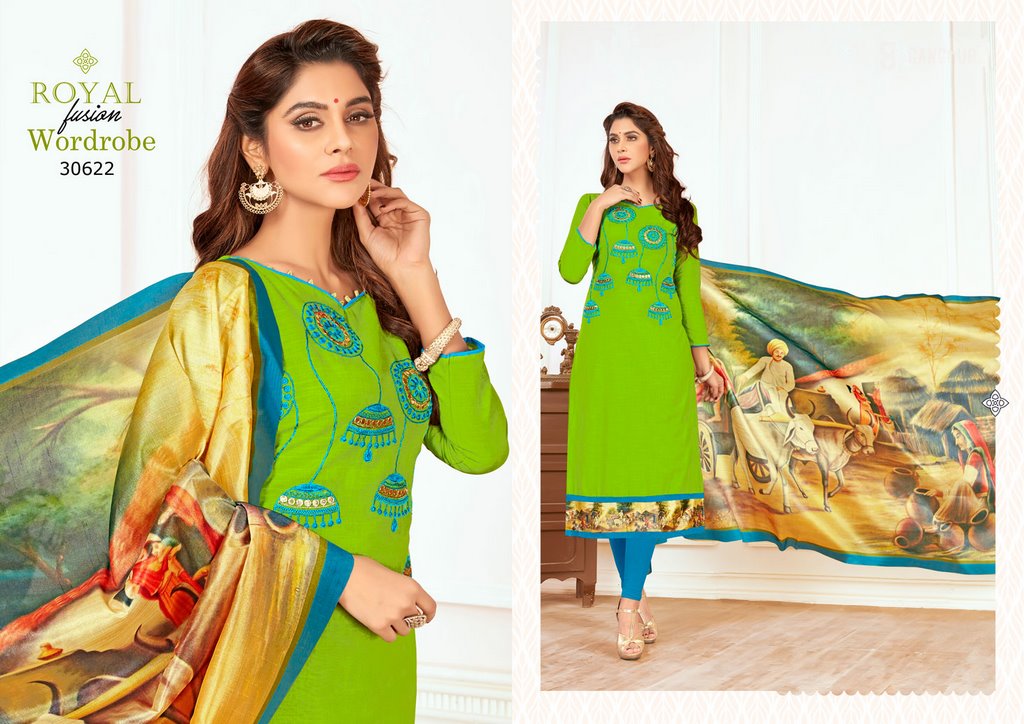 Green Colored Salab cotton Thread Work & Digital Printed Un-Stitched Dress Material