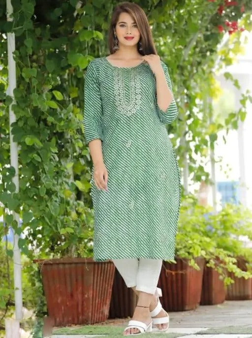 Green cotton lehariya printed straight kurti