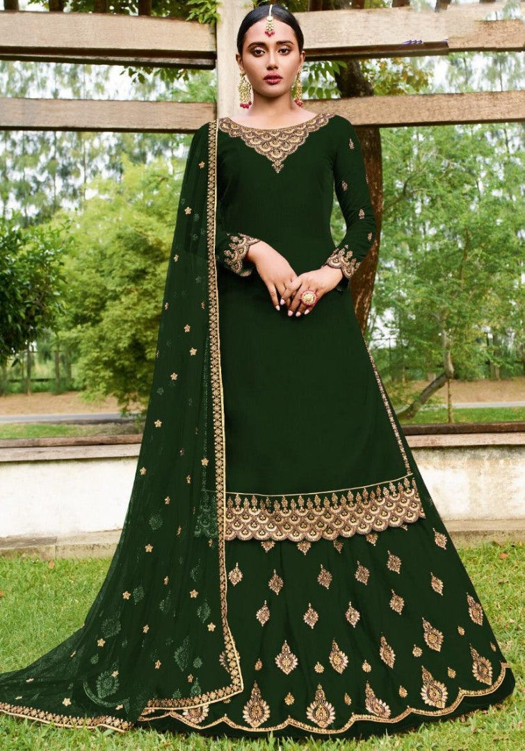 Green faux georgette embroidered stich work lehenga suit