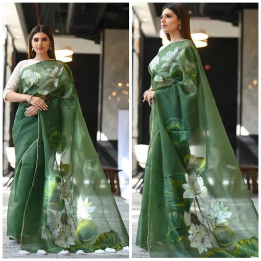 Green floral printed organza saree