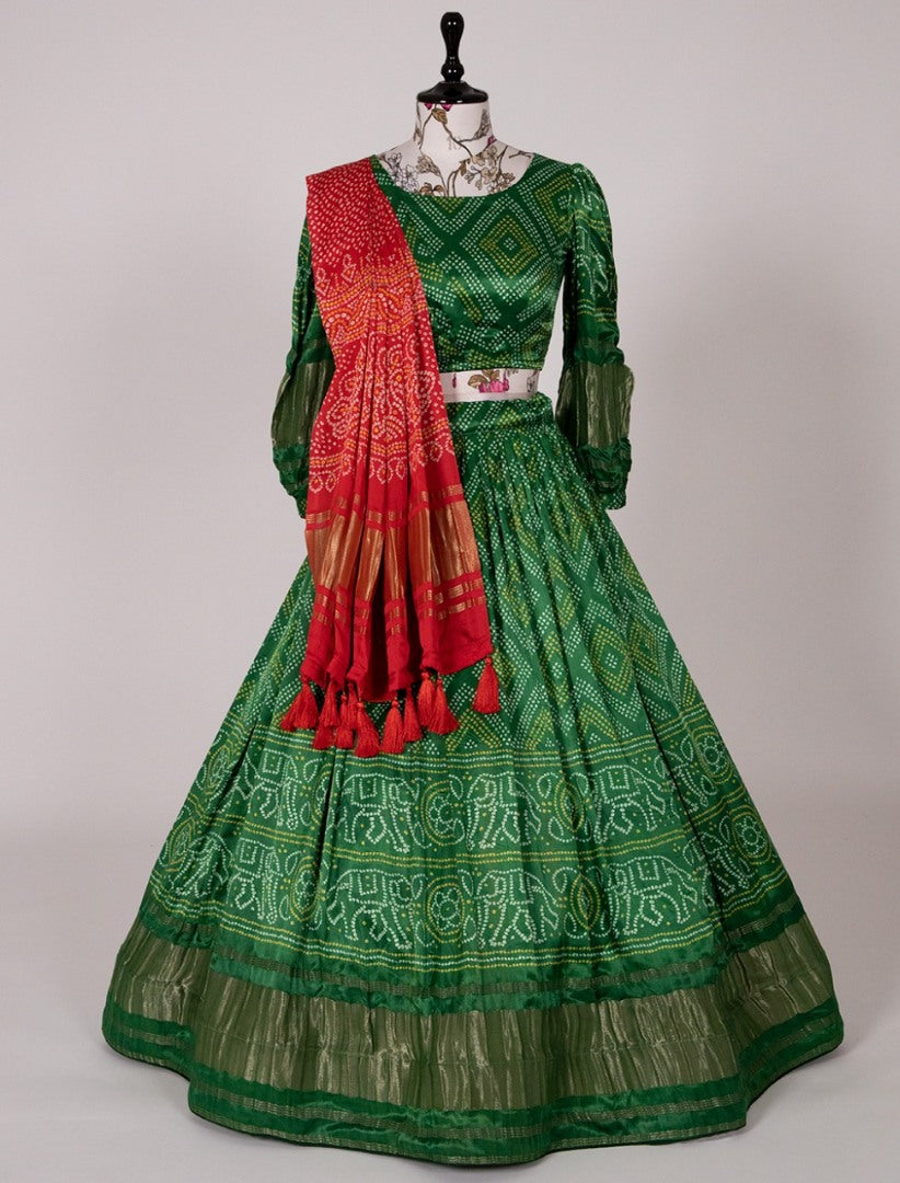 Green gaji silk bandhni printed designer navratri lehenga choli