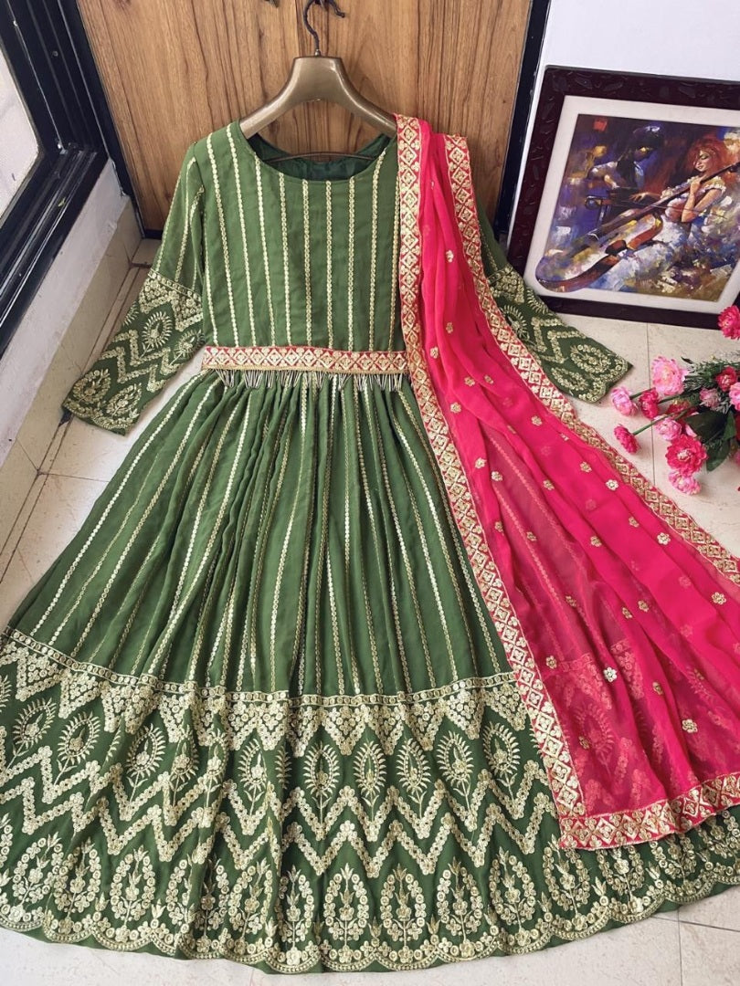 Green georgette embroidered gown for wedding