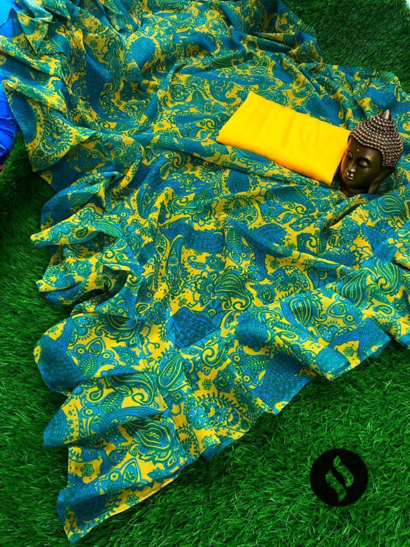 Green georgette floral digital printed designer ruffle saree