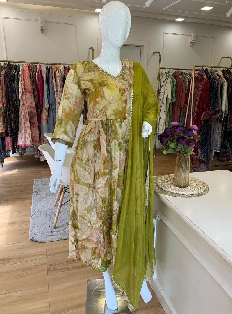 Green georgette floral print and handwork anarkali suit