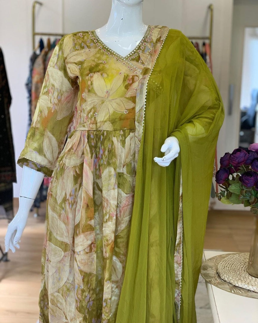 Green georgette floral print and handwork anarkali suit