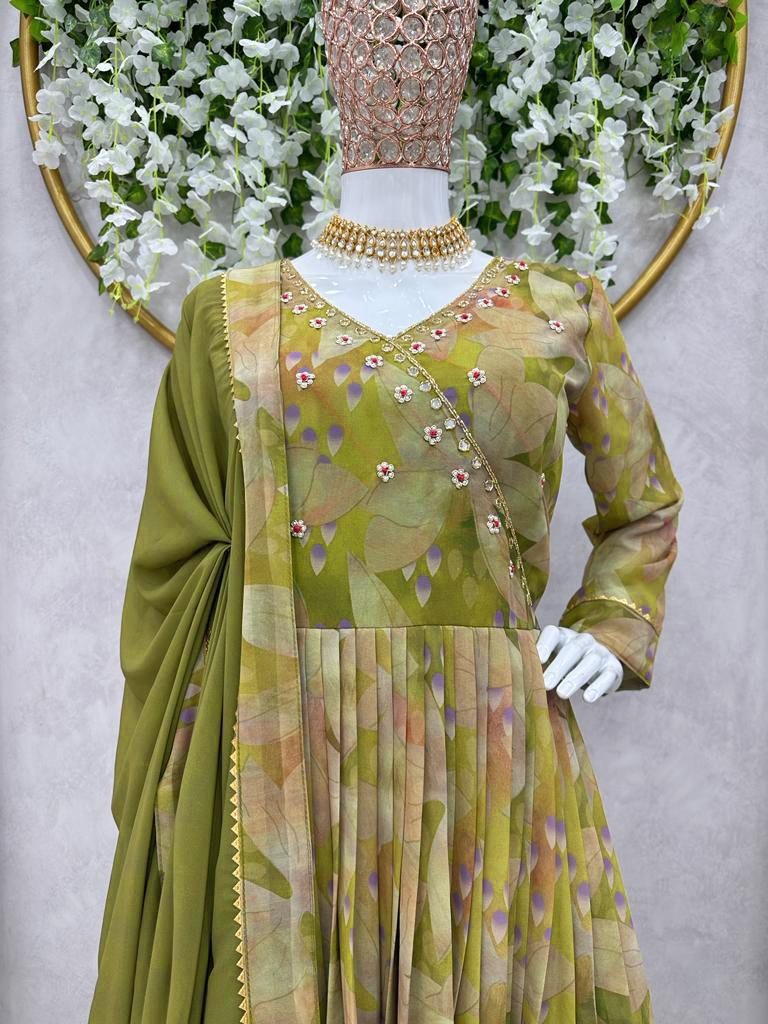 Green georgette floral print and handwork anarkali suit