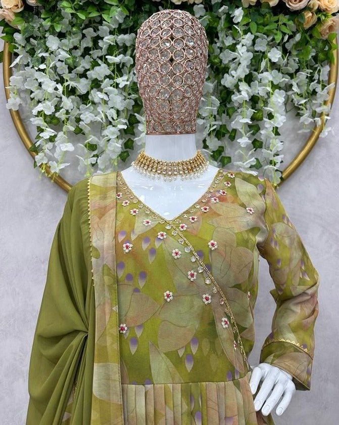 Green georgette floral print and handwork anarkali suit
