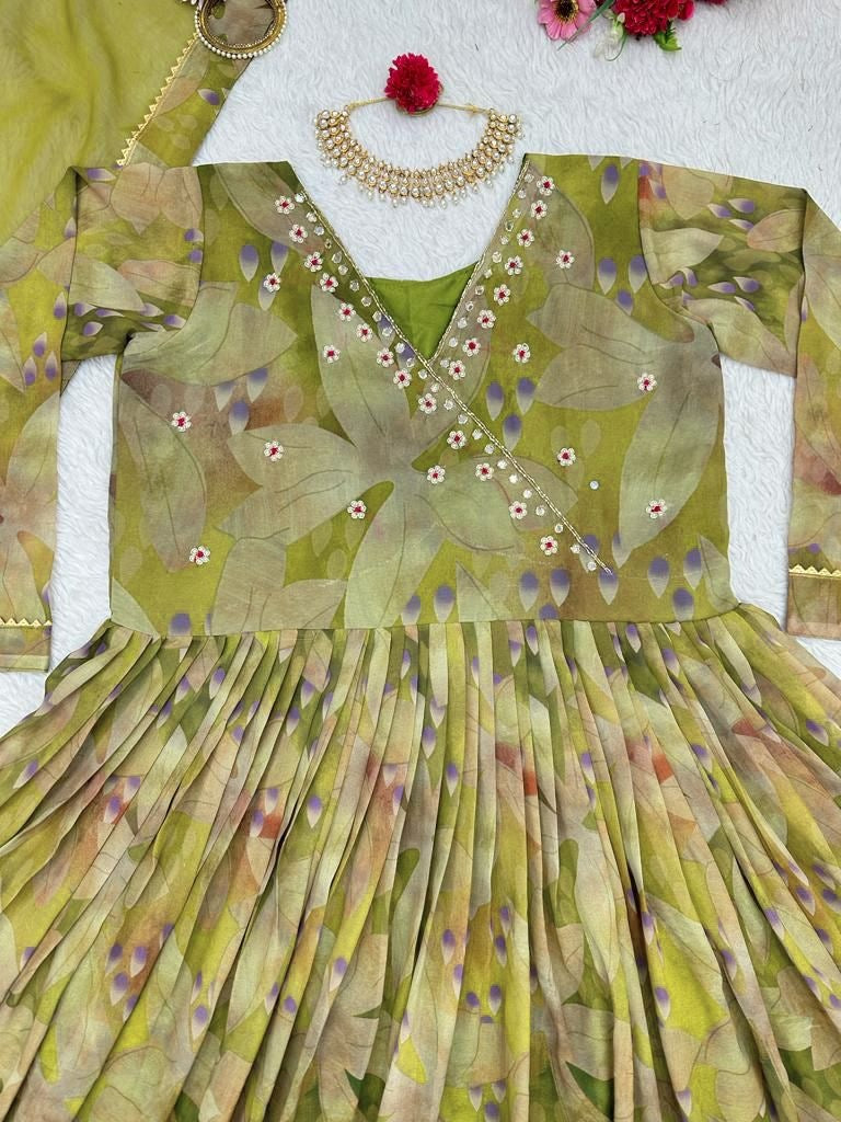 Green georgette floral print and handwork anarkali suit