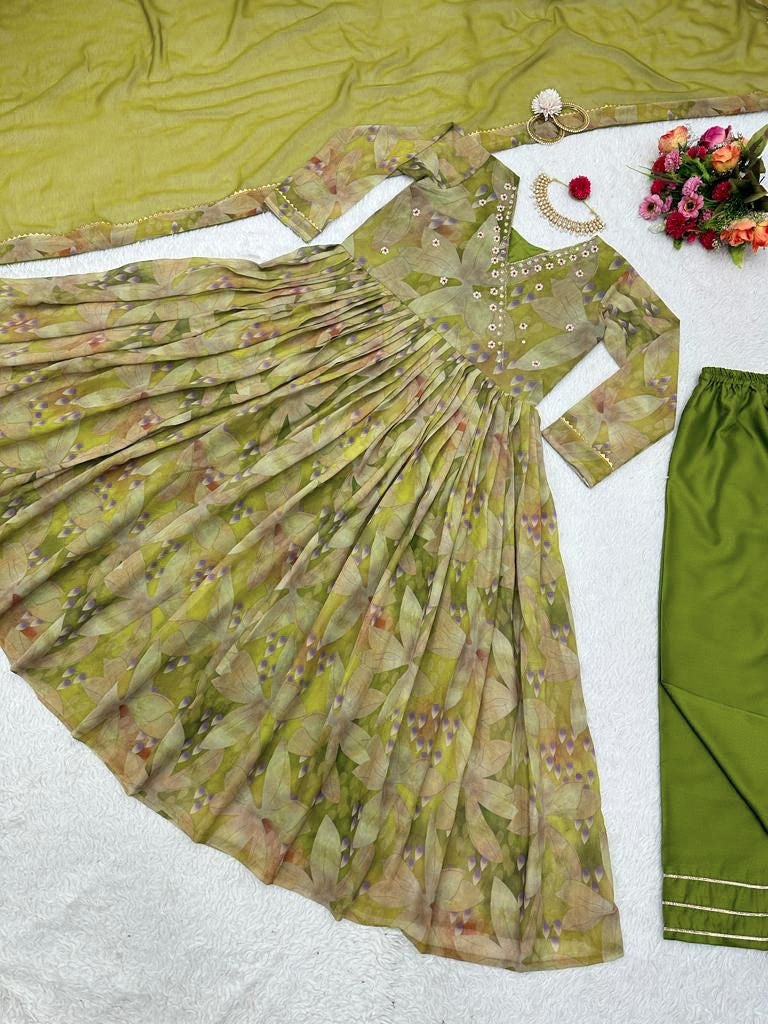 Green georgette floral print and handwork anarkali suit