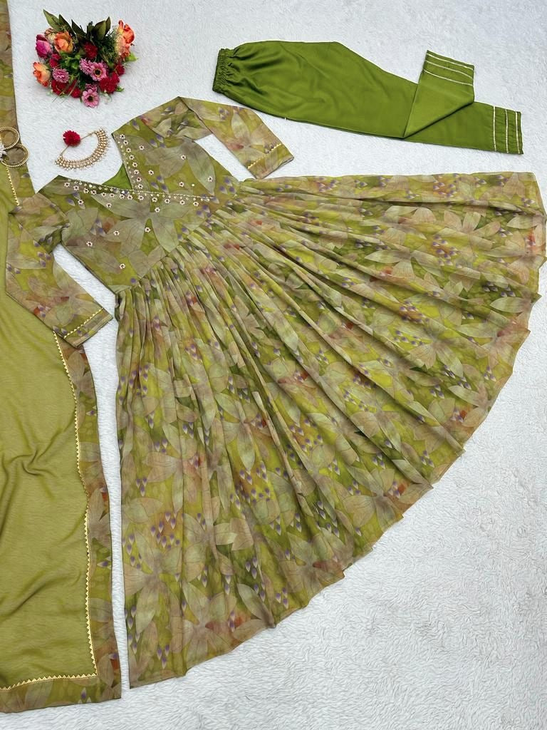 Green georgette floral print and handwork anarkali suit