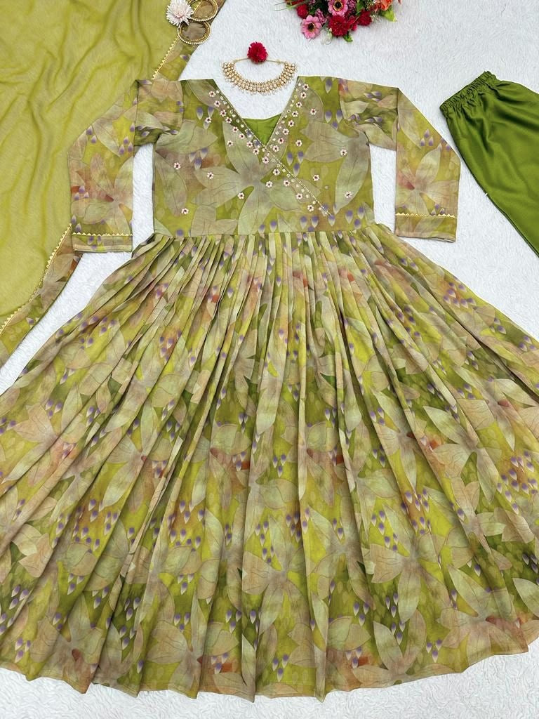 Green georgette floral print and handwork anarkali suit