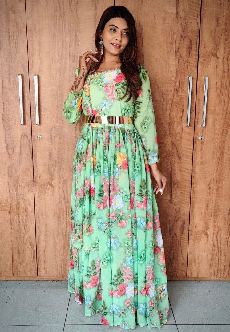 Green georgette flower printed anarkali suit
