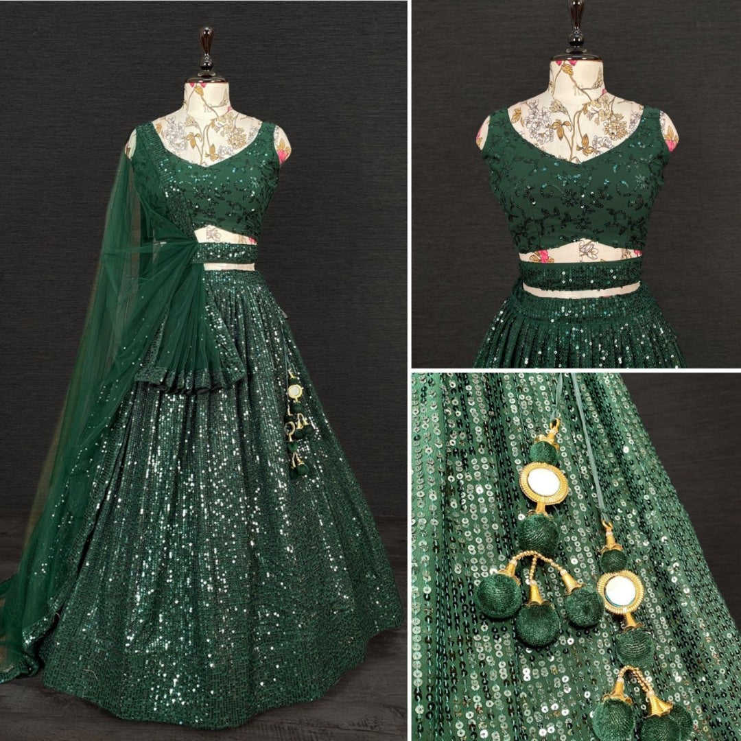Green georgette heavy sequins and thread work party wear lehenga choli