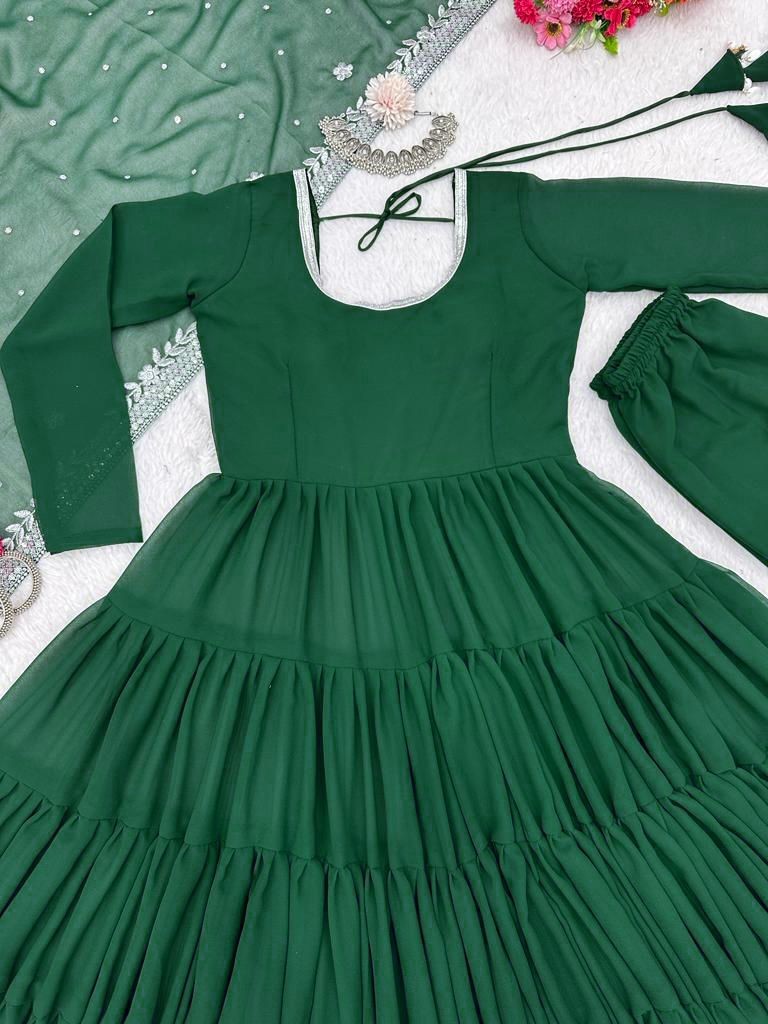 Green georgette long plain gown